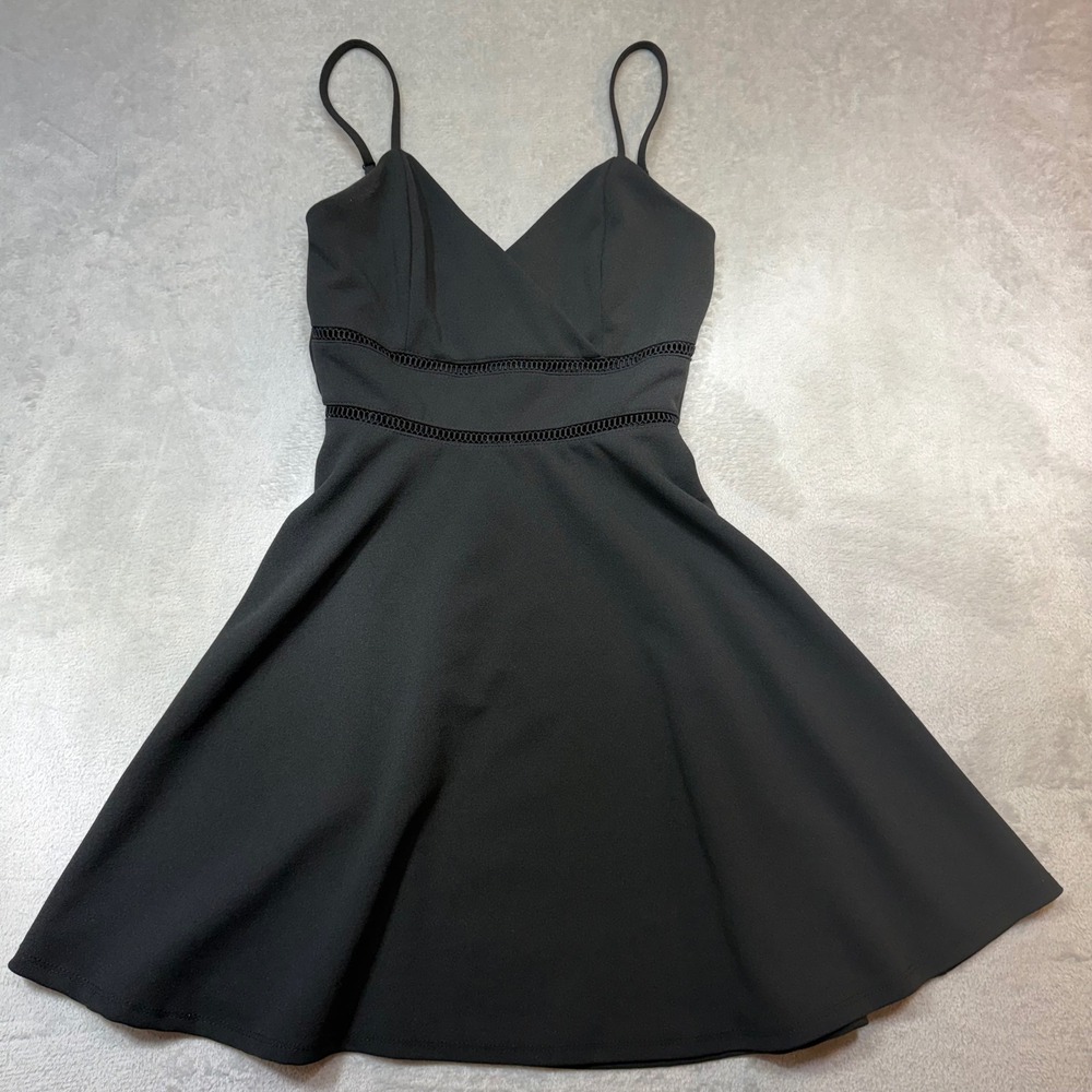 Jun & Ivy Black Skater Dress XS Fit Flare Crochet Trim V-Neck Grunge Coctail